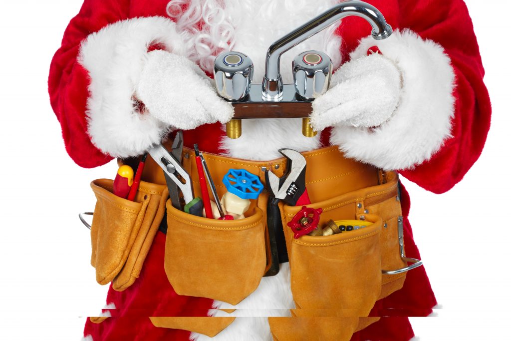 Santa Claus with a plumbing tool belt.