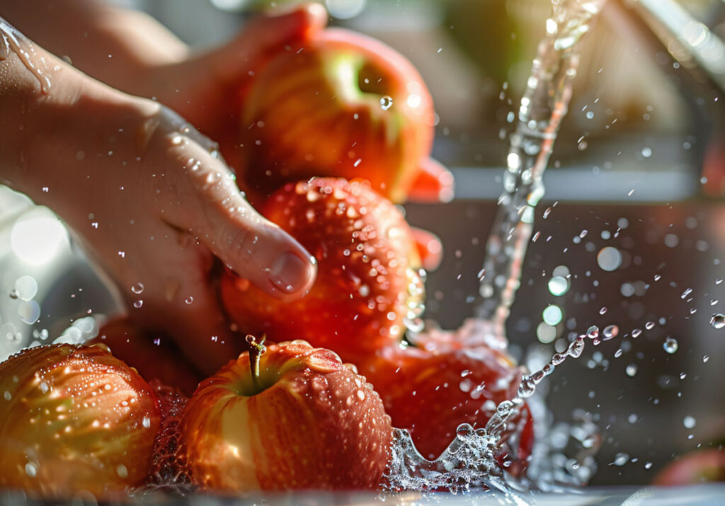 Washing apples with clean water